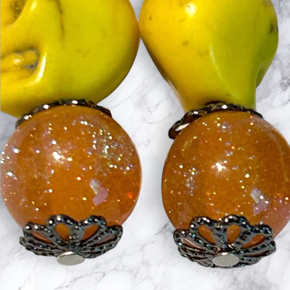 Hand Crafted Earrings Skulls Yellow Orange Rhinestones Dangle Long Pierced - Picture 4 of 5